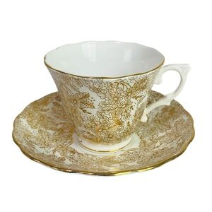 Colclough Bone China Gold Floral Chintz Scalloped Rim Teacup And Saucer